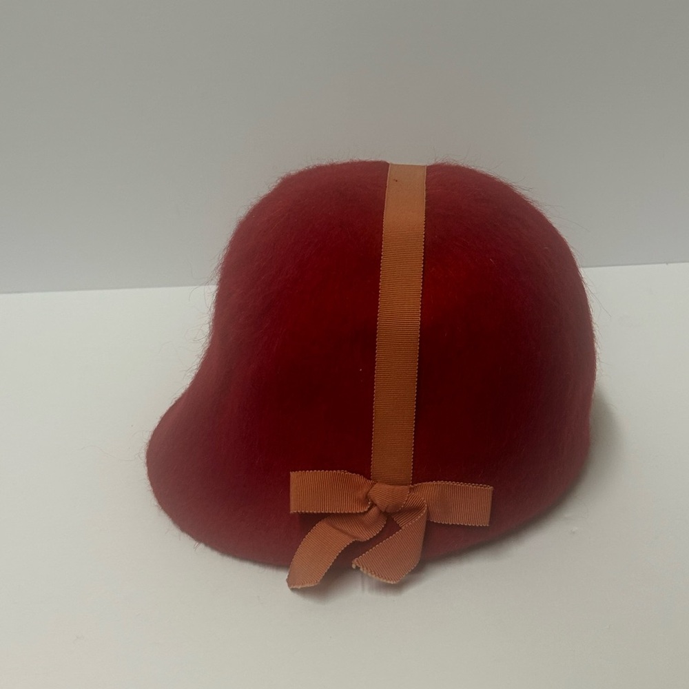 Vintage Red Wool Cloche Hat with Ribbon